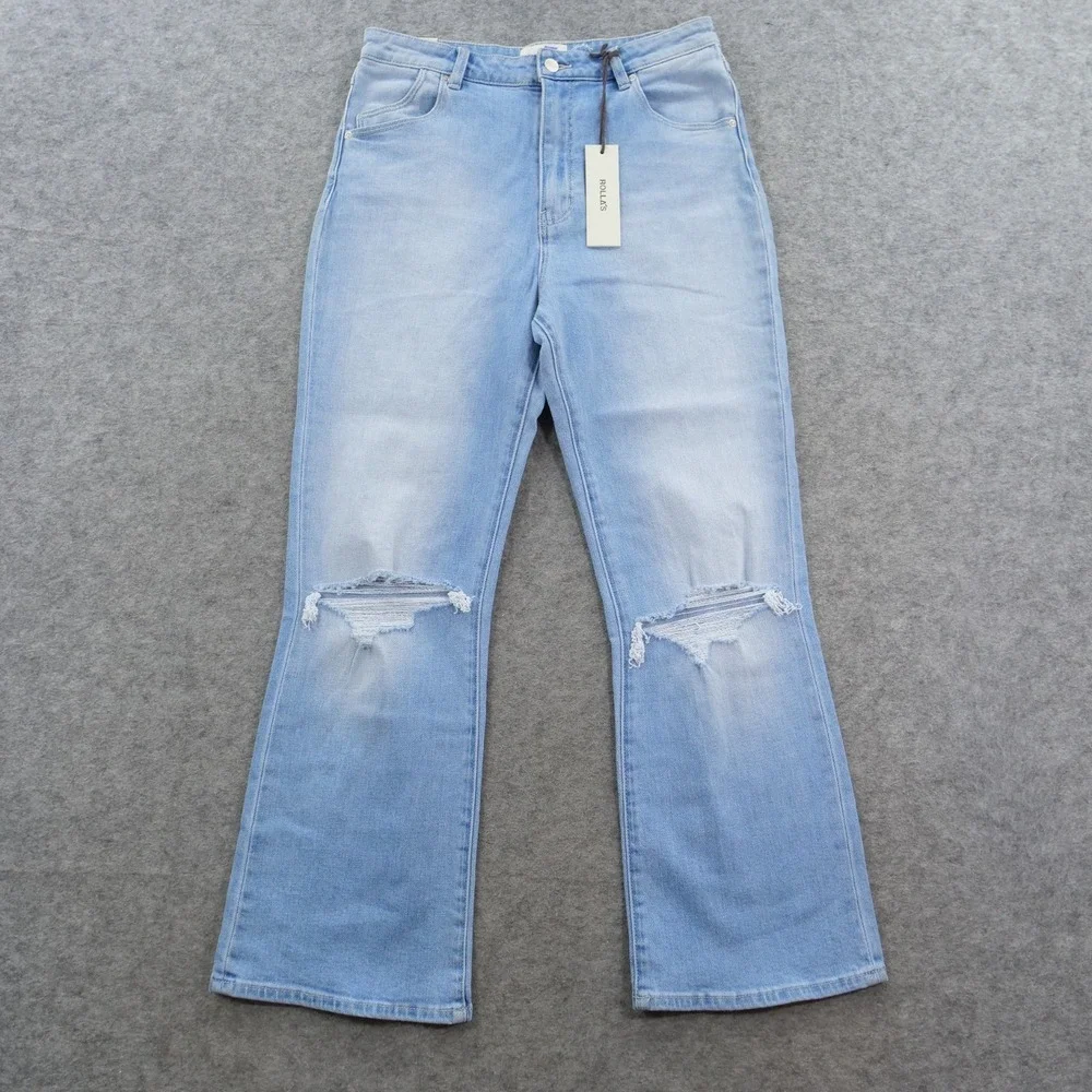 Rollas Dusters Jeans Womens 30 Blue Bootcut Crop High Rise Distressed Light New